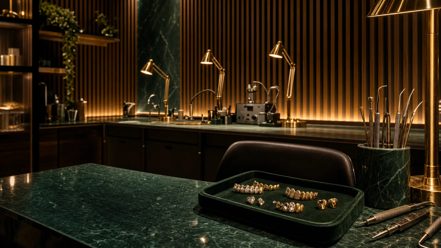 Athena Grillz professional atelier with emerald marble benches, brass lamps, and walnut slatted walls